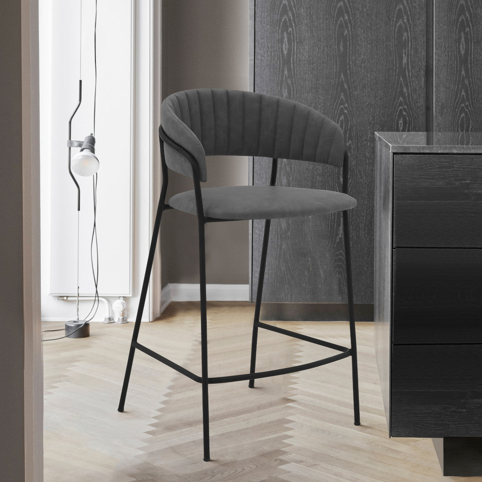 Nara 26" Faux Leather and Metal Counter Height Bar Stool, Black and Gray