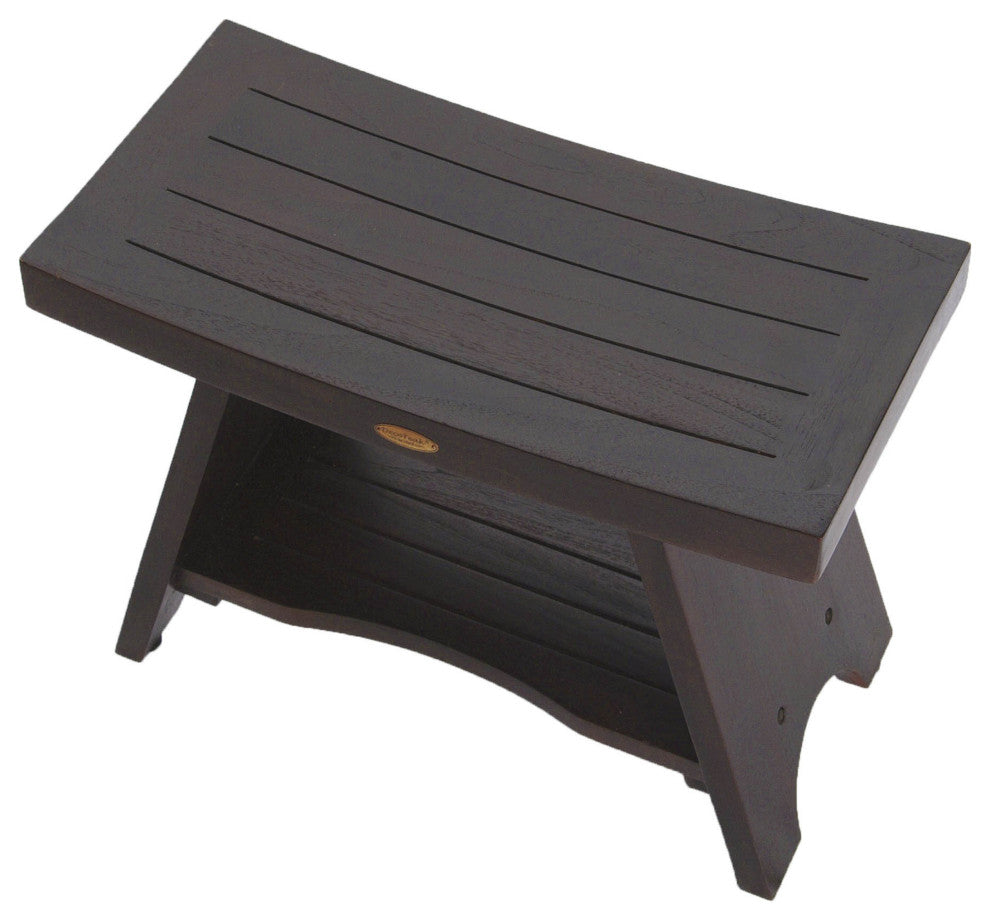 HomeRoots Teak Rectangular Shower Bench With Shelf, Brown Finish