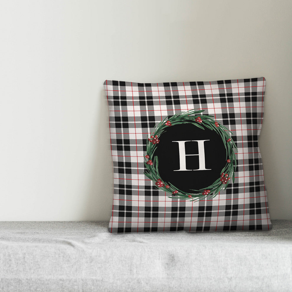 Black Plaid Monogram Wreath H 18x18 Spun Poly Pillow