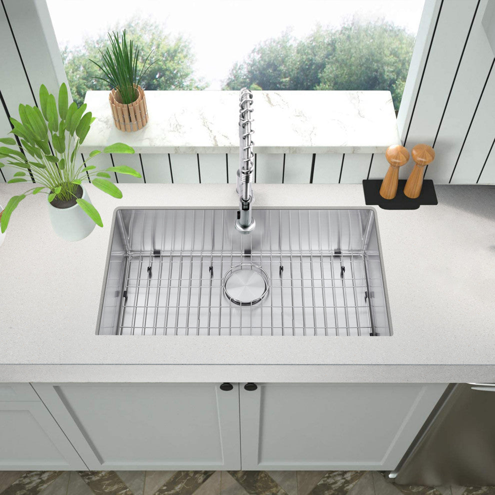 30"Undermoun Kitchen Sink and Drain Assembly  Strainer, Protective Bottom Grid
