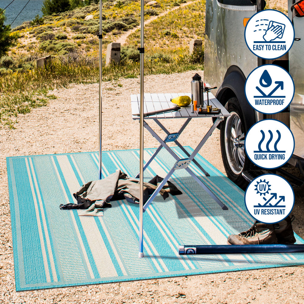 Haynes Modern Double Stripe Indoor/Outdoor Area Rug, Aqua/Beige, 2x8