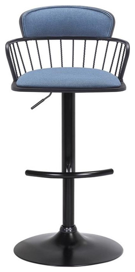 Armen Living Nash 33" Adjustable Wood & Fabric Bar Stool in Black/Blue
