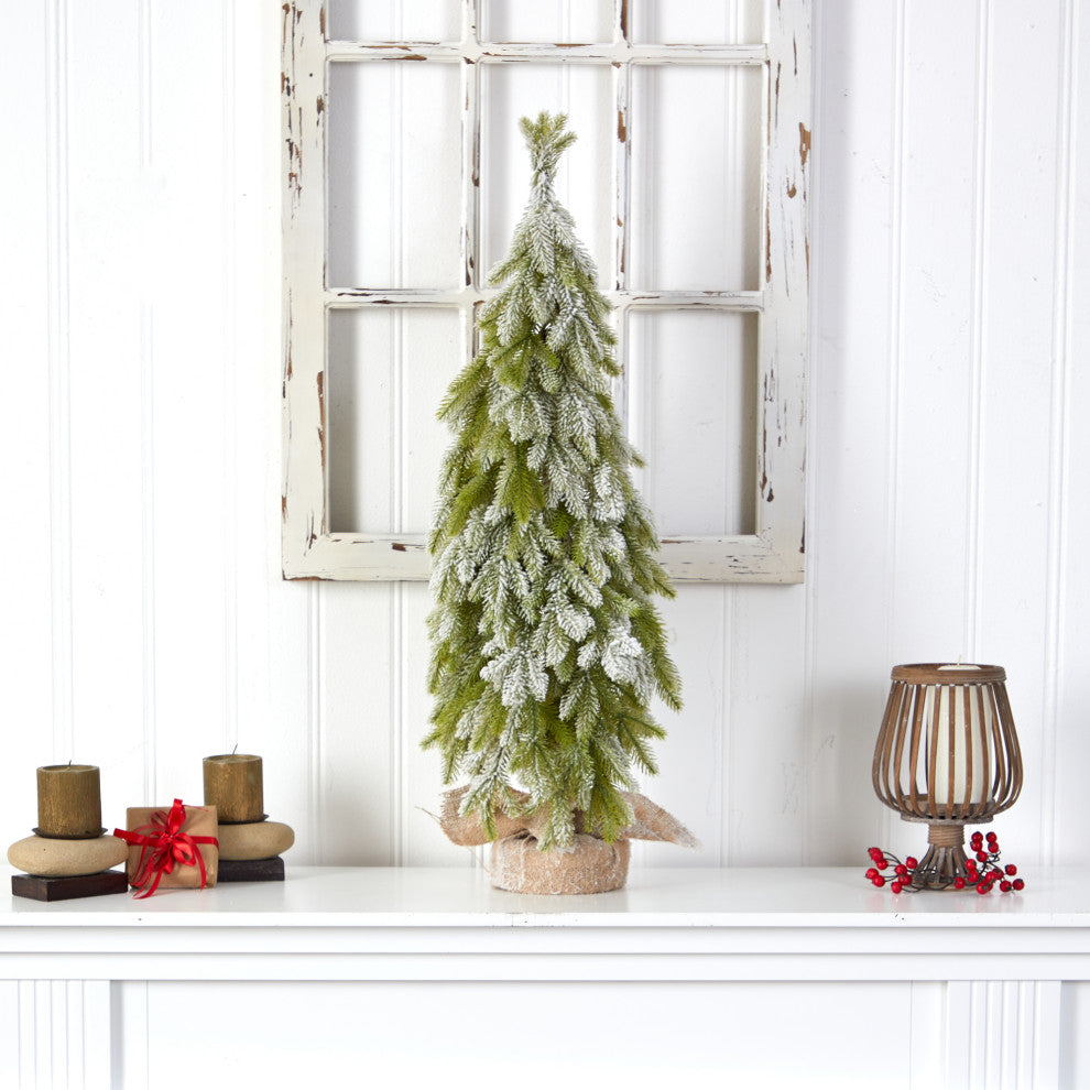 35" Snow Flocked Down Swept Holiday Artificial Christmas Tree in Burlap Base