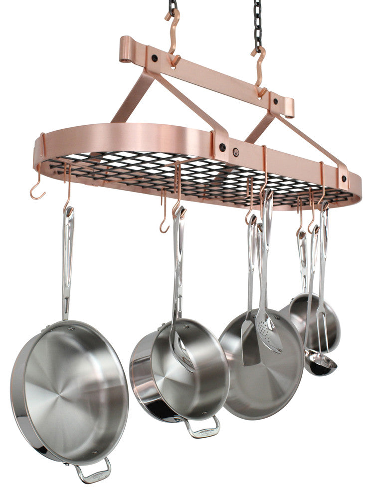Handcrafted 36" French Oval Ceiling Pot Rack w 18 Hooks Brushed Copper