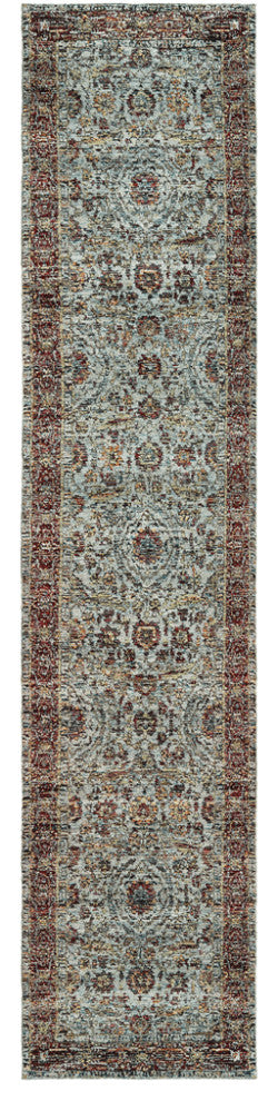12' Runner Blue Red Green and Gold Oriental Power Loom Runner Rug