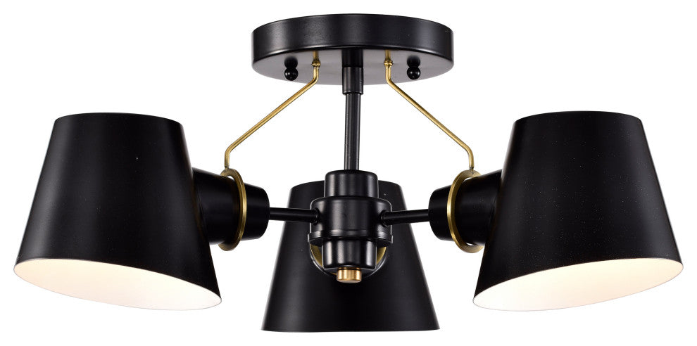 Baxter 3-Light Semi-Flush Fixture, Black With Burnished Brass