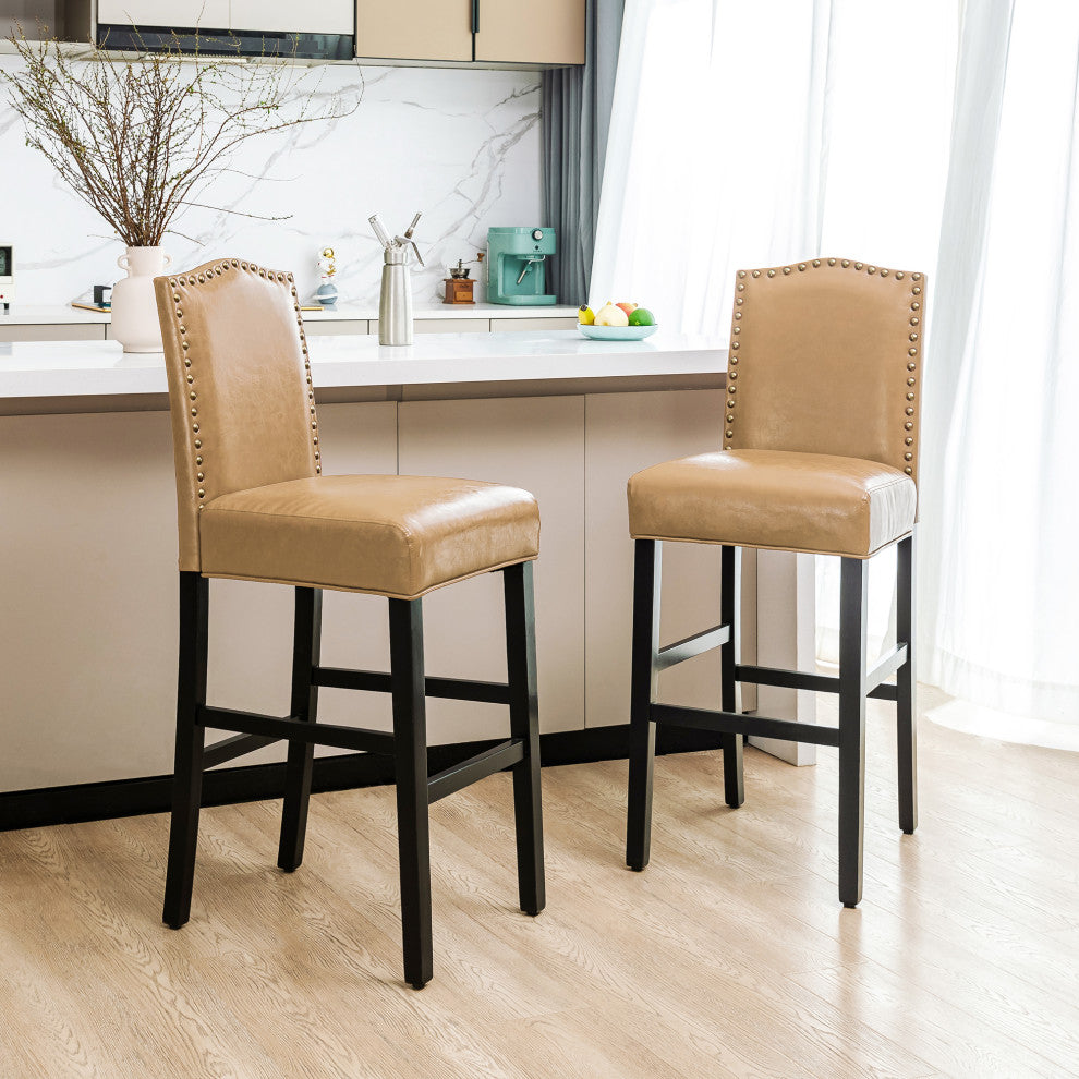 Upholstered PU Bar Chair With Studded Decor, Set of 2, Beige