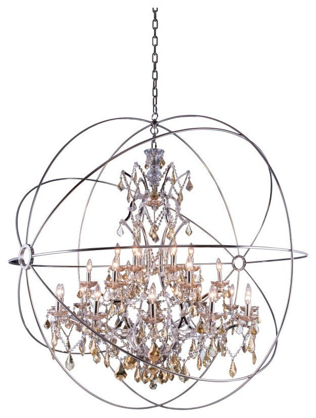 25 light Polished nickel Orb 60" Chandelier Golden Teak crystal