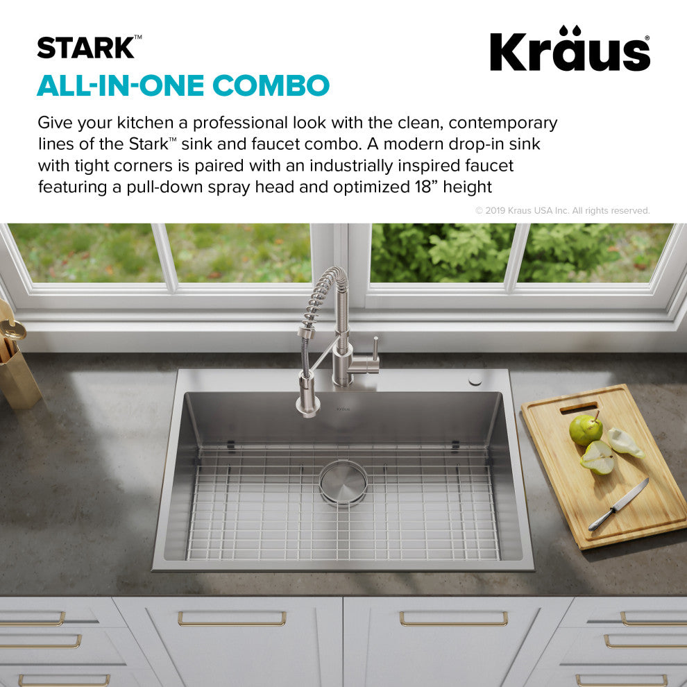 Stark 33" Drop-In Undermount Kitchen Sink, Pulldown Faucet, Stainless Steel