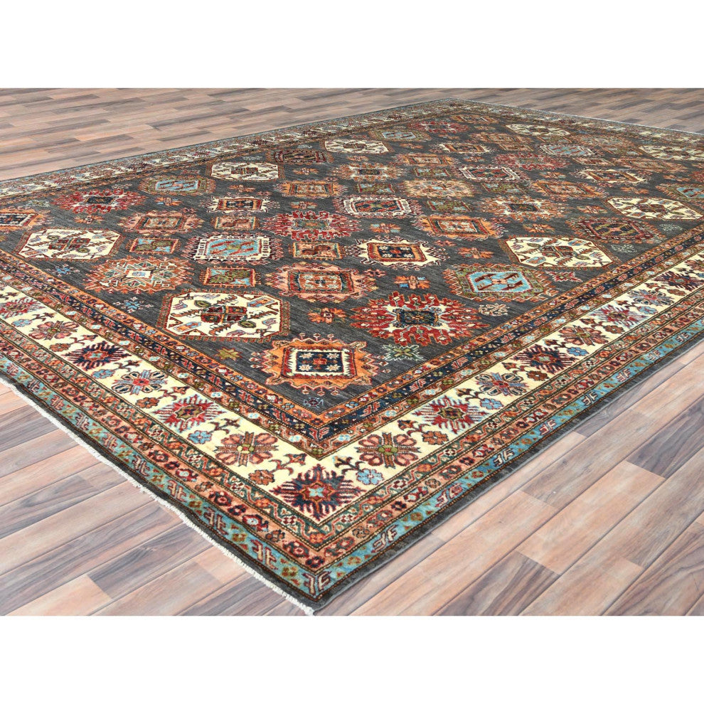 Stone Gray, Extra Soft Wool, Hand Knotted Afghan Super Kazak Rug, 10'3"x13'10"