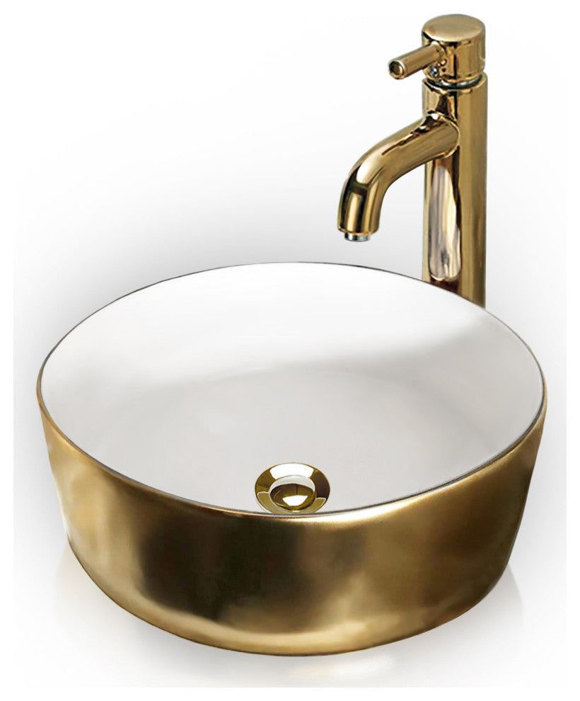 White and Gold Round Vessel Sink 15-3/4"