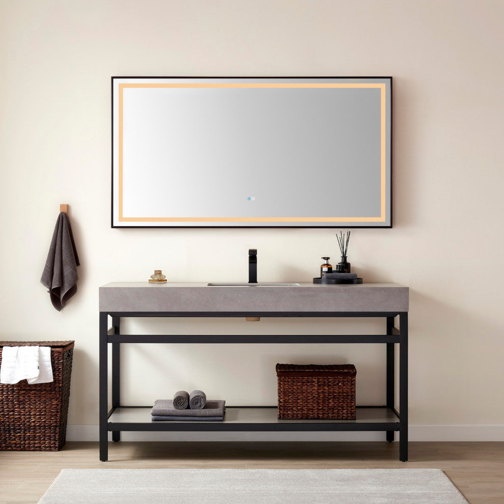 Horizontal Rectangular LED Wall Mount Bathroom Mirror, Black, 60"