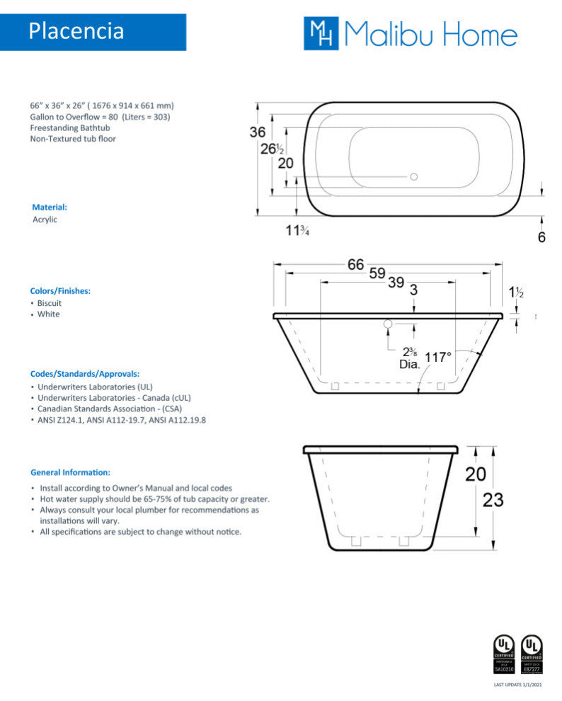 Malibu Placencia Rectangle Soaking Bathtub 66x36x23 Biscuit