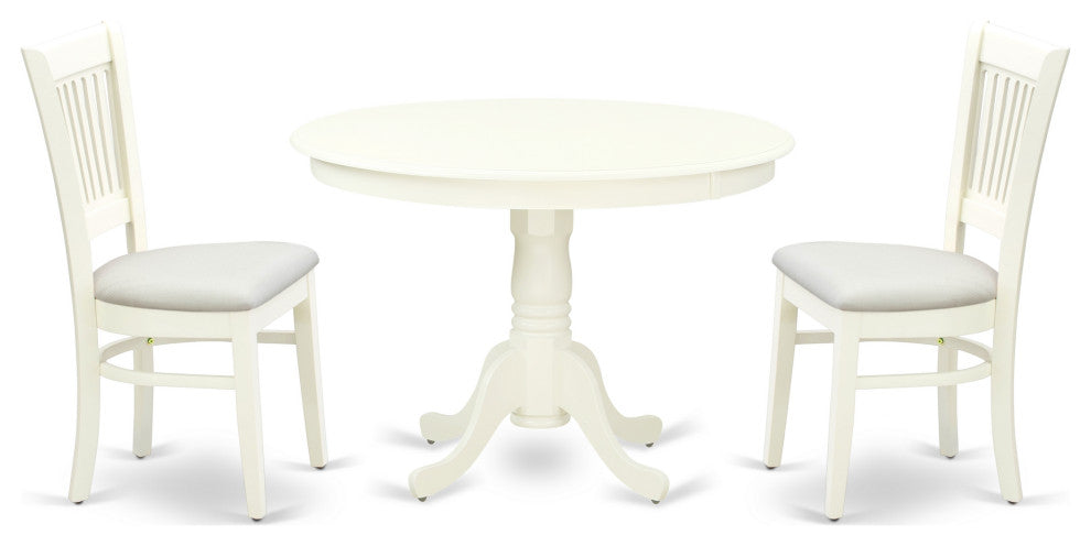 3Pc Dining Set 2 Chairs, Kitchen Table Seat, Slatted Chair Back Linen White