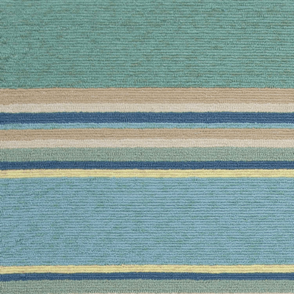 8'X10' Ocean Blue Hand Hooked Uv Treated Awning Stripes Indoor Outdoor Area Rug