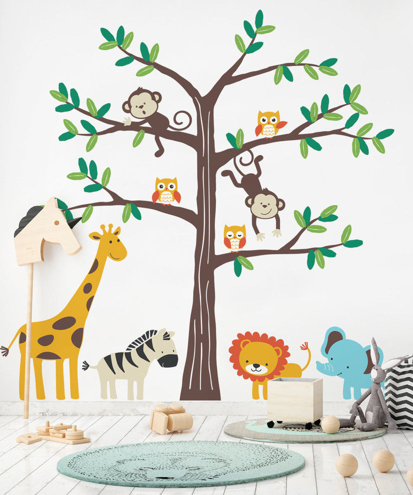 Safari Tree with Cute Animals Wall Decal, Scheme A