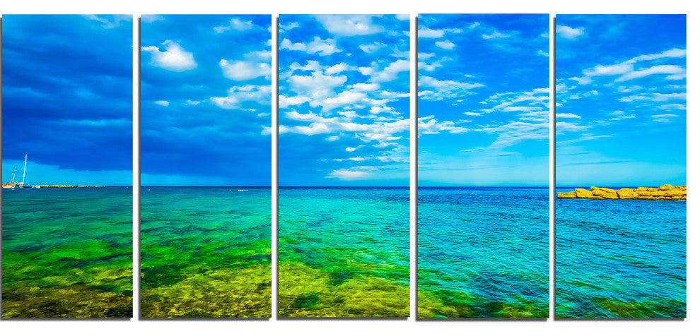 "Picturesque Green Blue Seashore" Modern Seascape Wall Art, 5 Panels, 60"x28"