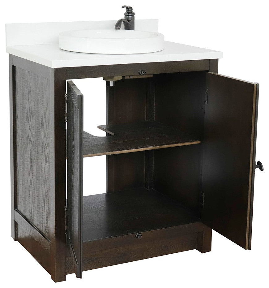 30" Single Vanity, Brown Ash, White Engineered Stone Top, Round