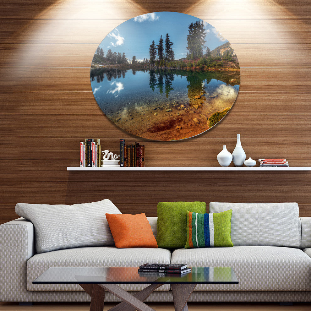 Clear Lake With Row Of Pine Trees, Landscape Round Metal Wall Art, 11"