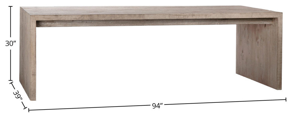 Evie Reclaimed Pine 94" Waterfall Style Dining Table, Light Wash