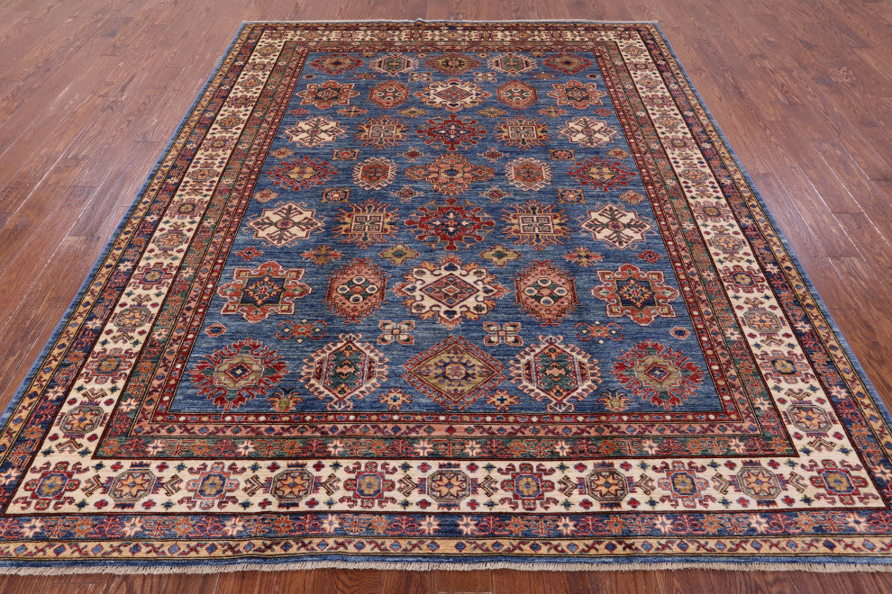 8' 3" X 9' 10" Handmade Geometric Super Kazak Wool Rug Q10609