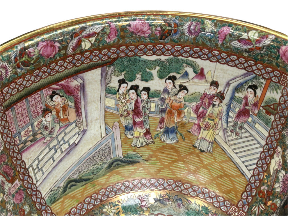 Vintage Chinese Famille Rose People House Graphic Porcelain Bowl Pot Hws4342