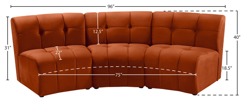 Limitless Velvet Upholstered 3-Piece Modular Sectional, Cognac