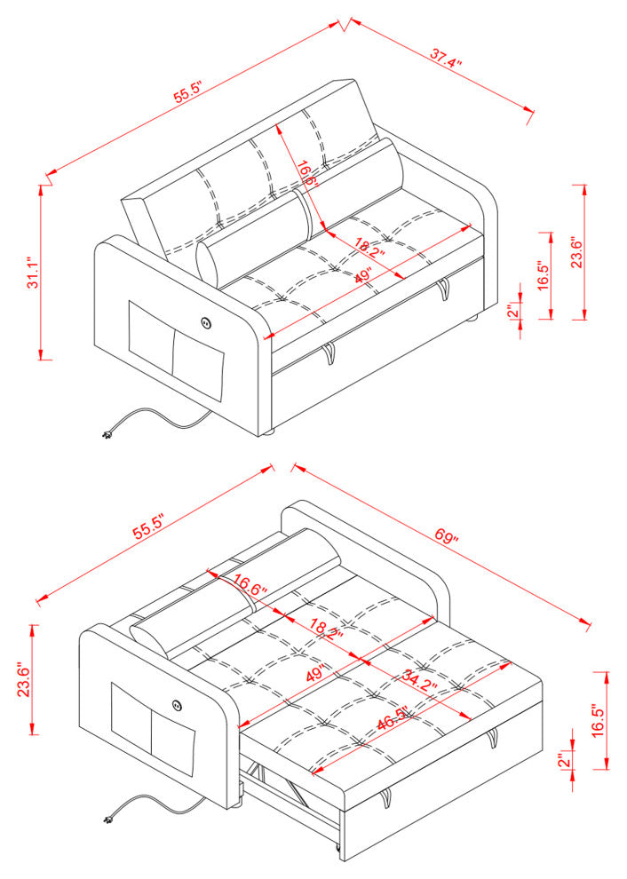 TATEUS 55.5" Twins Pull Out Sofa Bed Velvet for Small Room Grey