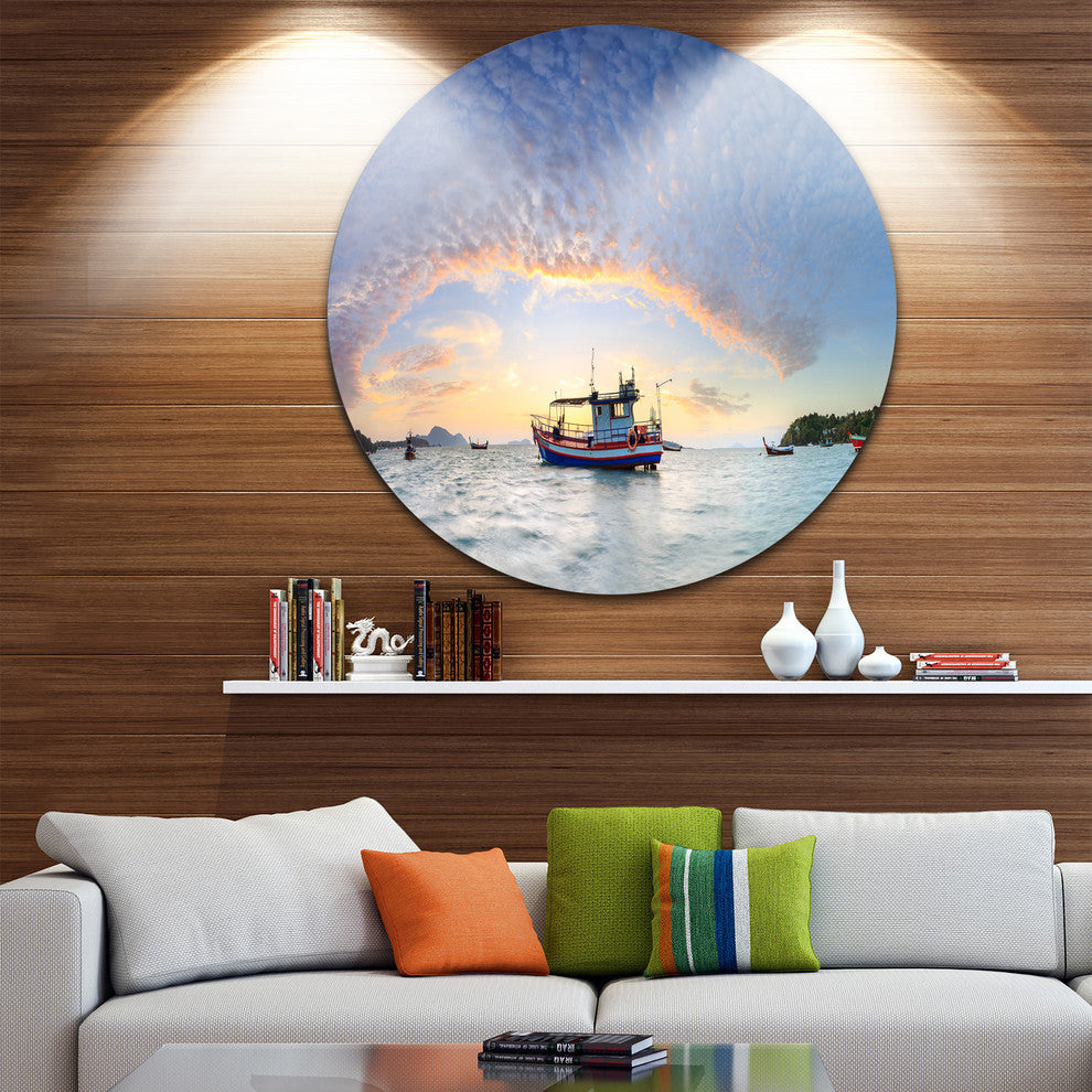 Fishing Boat At Phuket Sunrise Beach, Seascape Disc Metal Wall Art, 23"