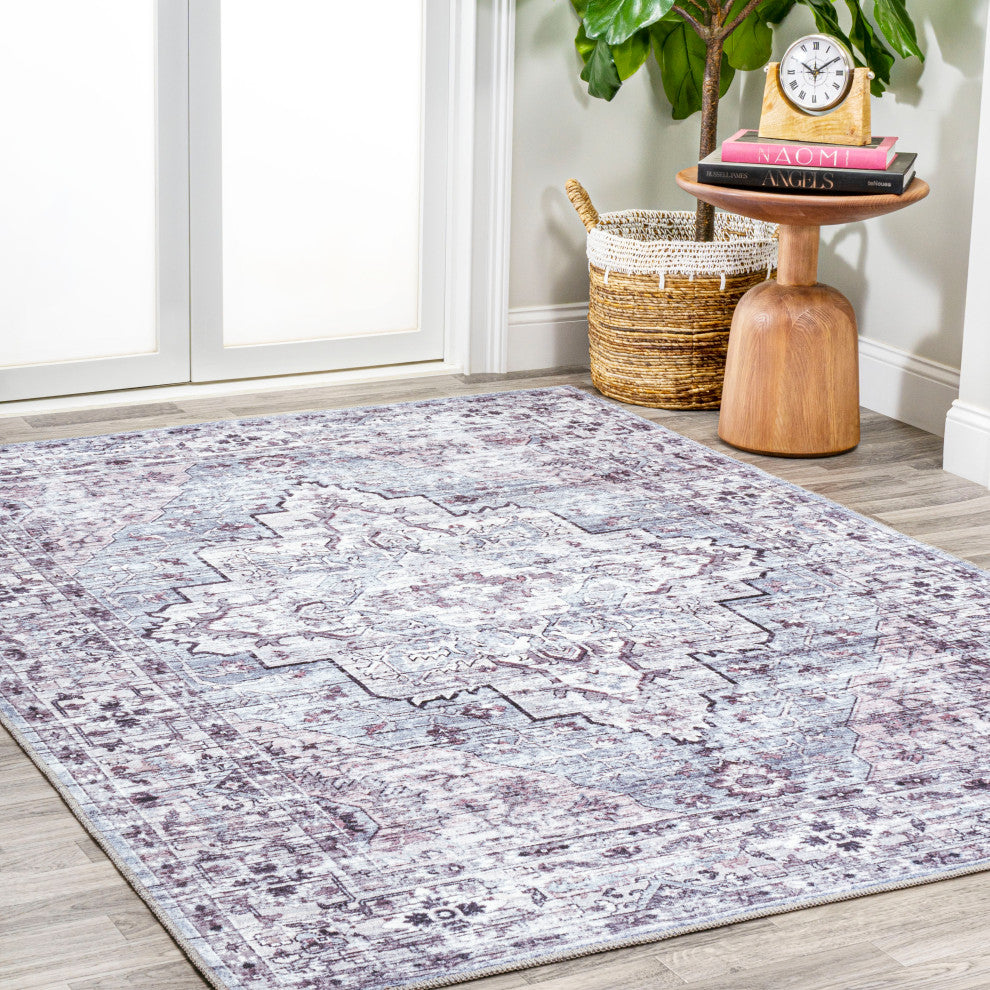 Didim Boho Gray Medallion Machine Washable Indoor Area Rug, Gray/Purple, 3 X 5