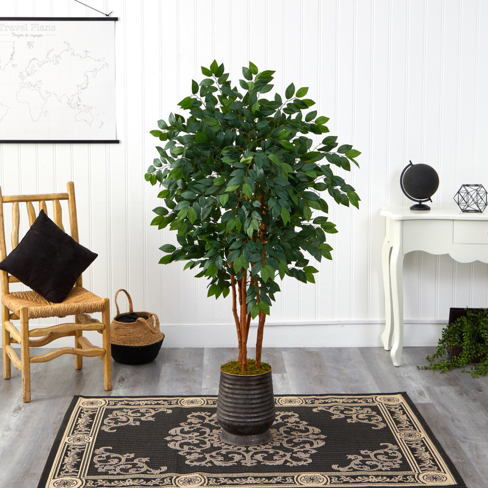 57" Sakaki Artificial Tree, Ribbed Metal Planter