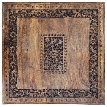 21" Boho End Table Floral Carved Foldable Panel Legs Walnut Brown