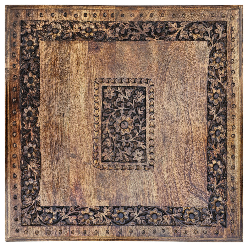 21" Boho End Table Floral Carved Foldable Panel Legs Walnut Brown