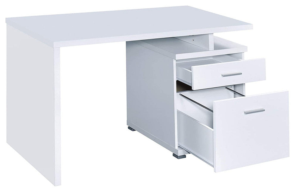 Contemporary Desk, Storage Drawers With Bar Pulls and Small Open Shelf, White