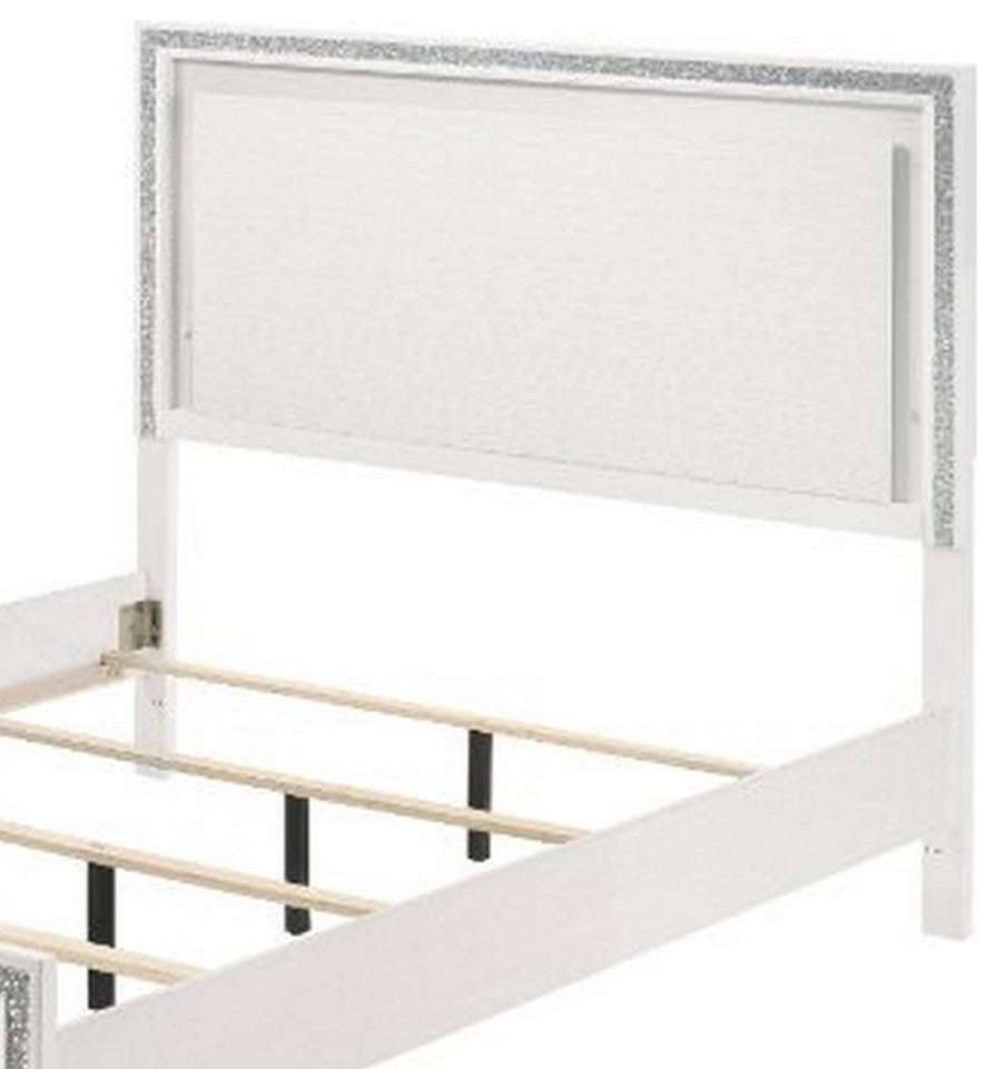 Benzara BM252737 Queen Bed With LED Headboard and Shimmering Trim, White