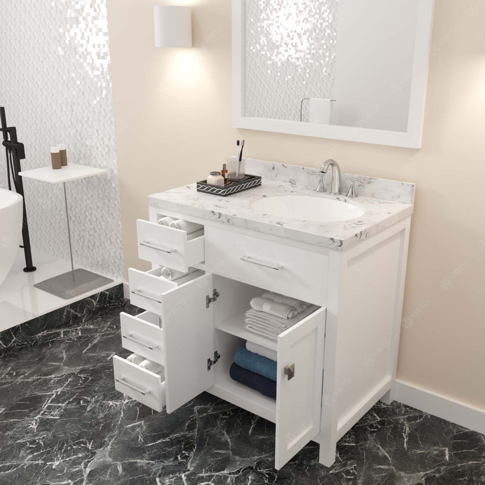 Caroline Parkway 36" Bath Vanity, White With Marble Quartz Top