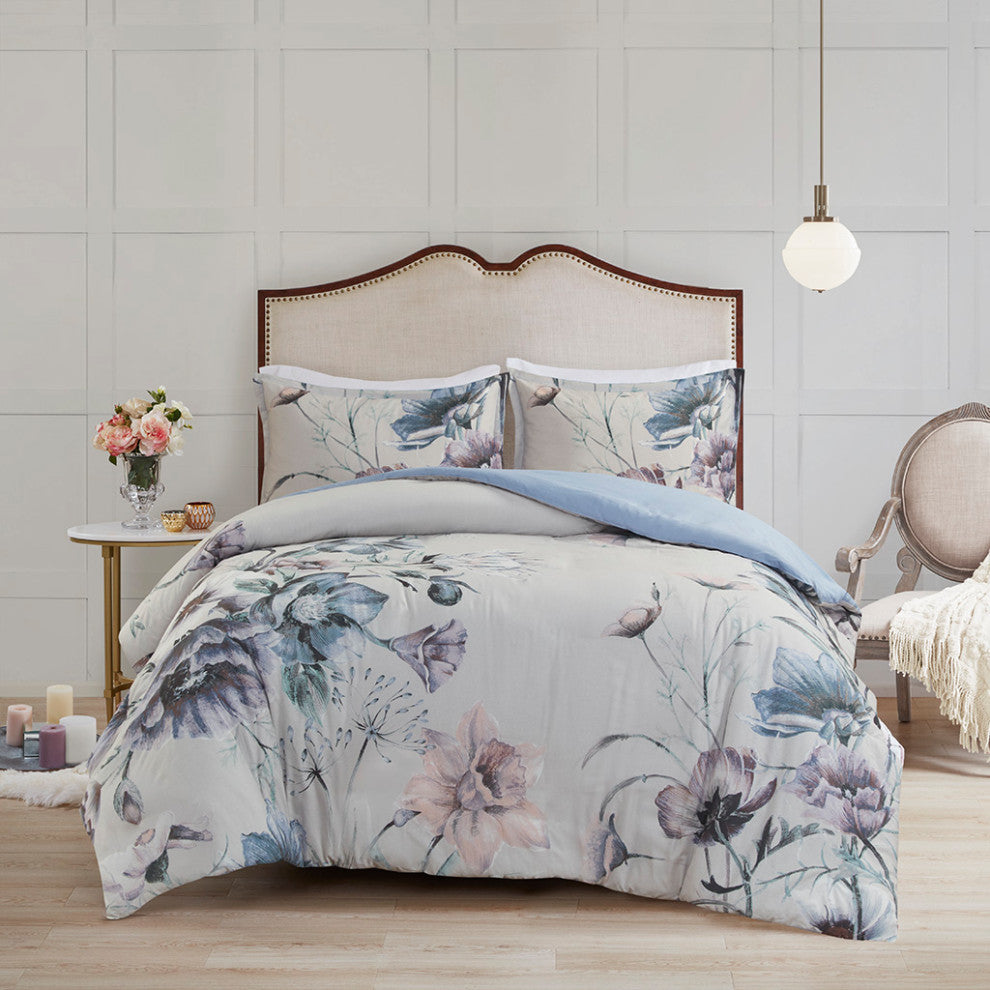 Madison Park Cassandra Shabby Chic Floral Cotton Duvet Cover Set, Blue