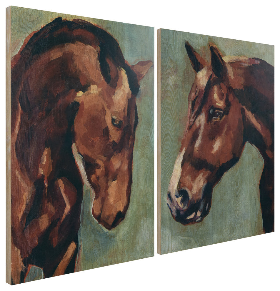 "Horse Portrait" Fine Giclee Printed on Hand Finished Ash Wood Wall Art Set of 2