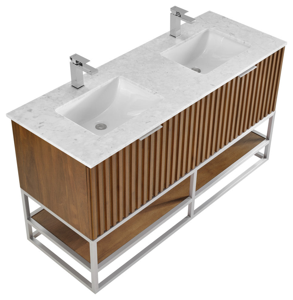 Terra Bathroom Vanity, Walnut/Brushed Nickel, 60", Marble Top