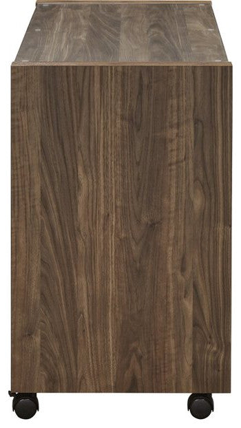 Modern Desk, Wooden Frame With Wheels & Tempered Glass, Aged Walnut Finish