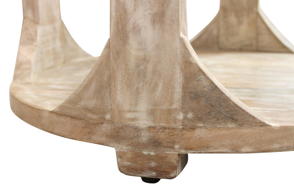 Jenna Coastal Round End Table With Shelves, Natural Solid Wood