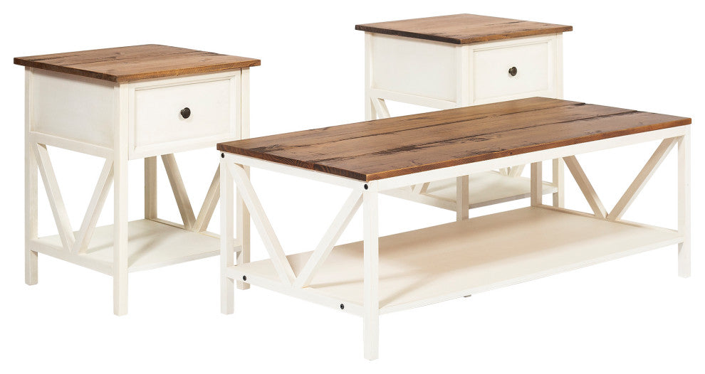 3-Piece Distressed Solid Wood Table Set - Rustic Oak/White Wash