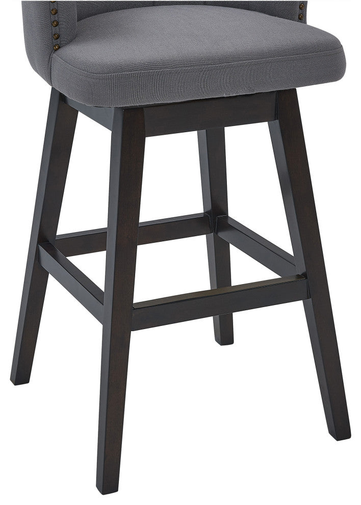 26" Gray Espresso Wood Fabric Swivel Bar Stool