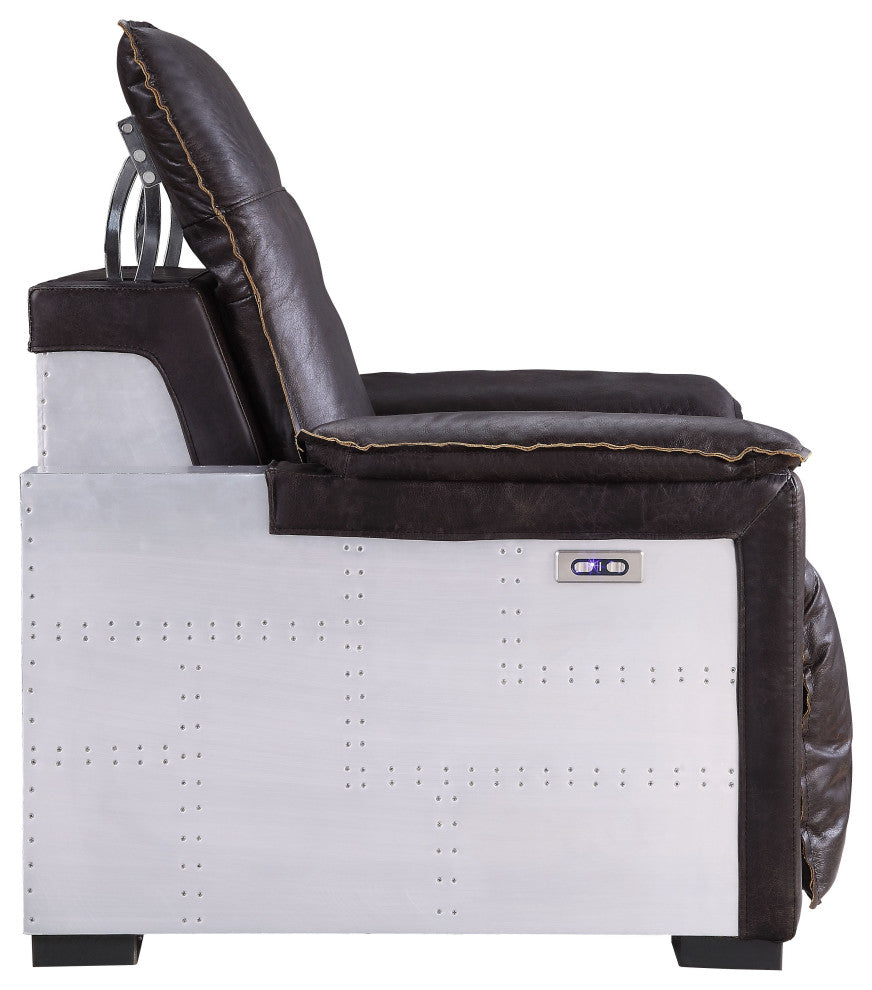Acme Nernoss Power Motion Recliner Dark Grain Brown Leather and Aluminum
