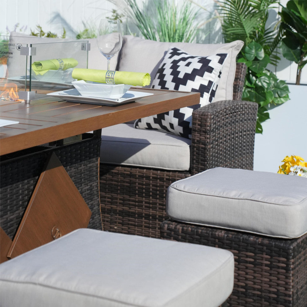 7-Piece Patio Wicker Sofa Set with Firepit & Ice Container Table, Brown
