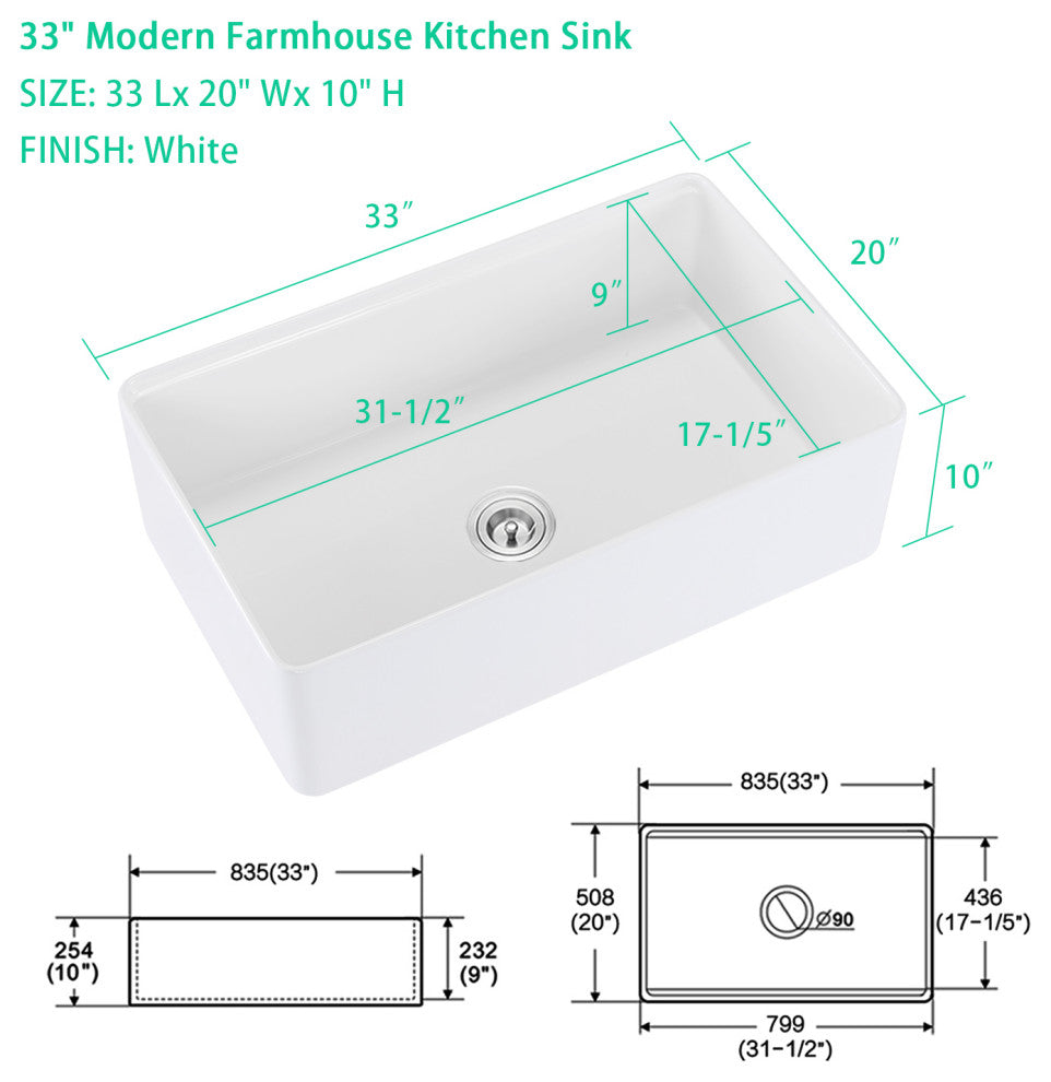 33" L X 20" W Farmhouse Kitchen Sink With Accessories
