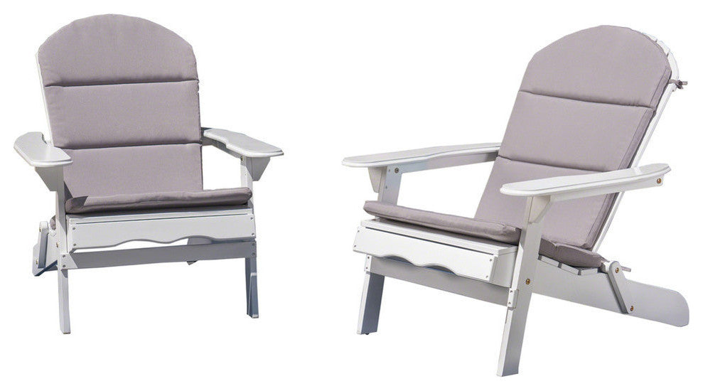 Outdoor Acacia Wood Folding Adirondack Chairs With Cushions, Set of 2, White/Gray