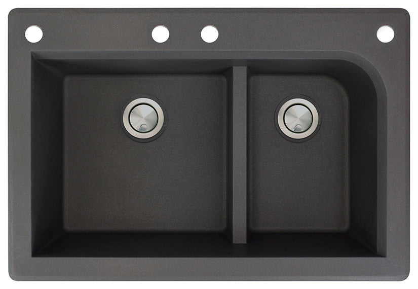 Radius 33" silQ Granite Drop-in Double Bowl Kitchen Sink with 4 Holes in Black