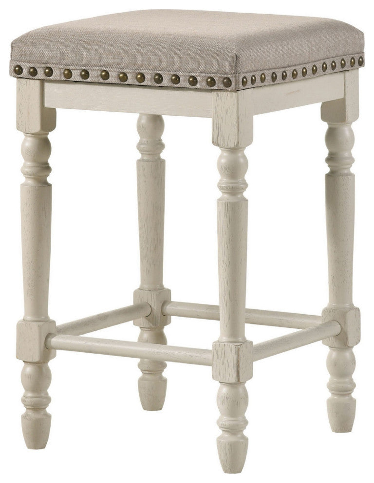 Benzara BM280303 24" Counter Height Stool Nailhead Trim Set of 2, Antique White