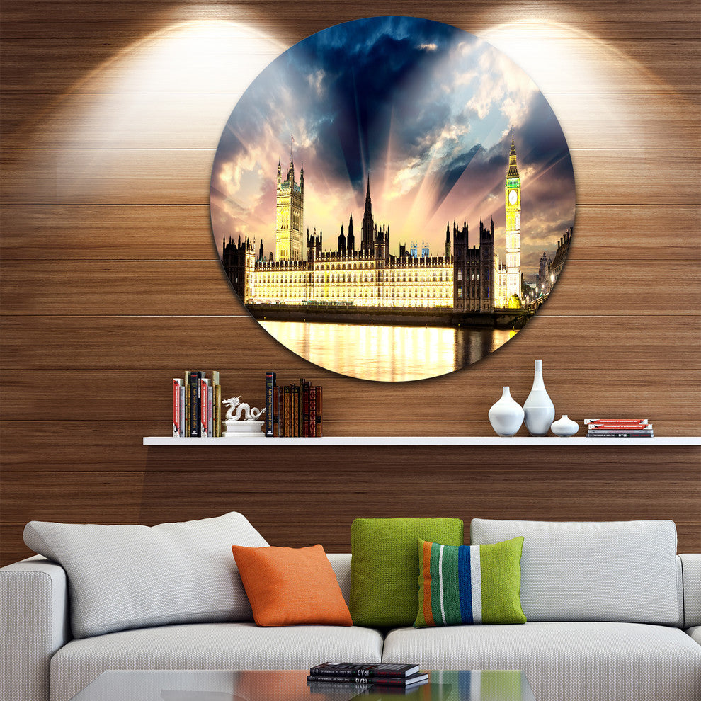 Parliament At River Thames, Cityscape Photography Round Wall Art, 36"
